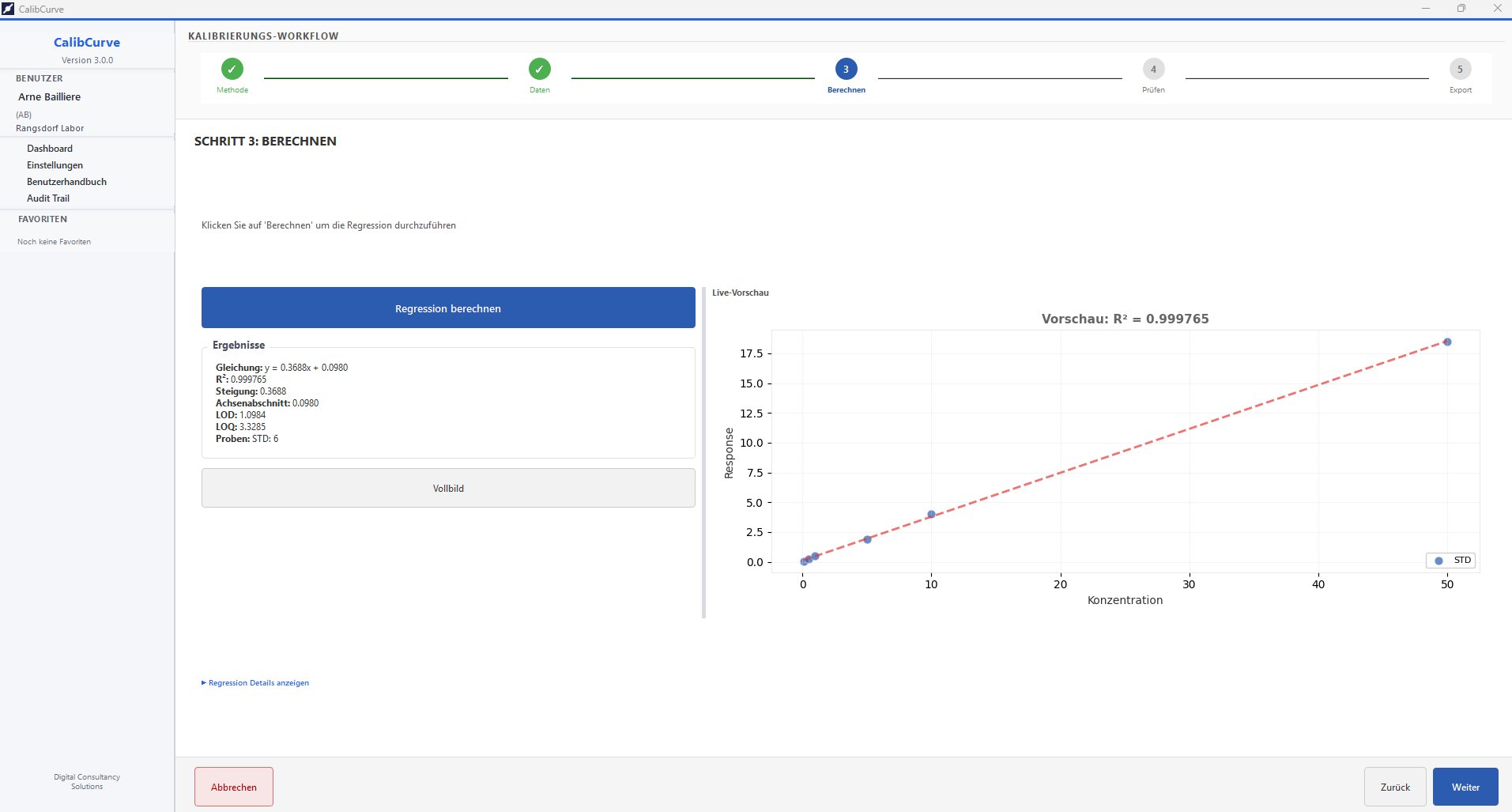 CalibCurve calibration workflow: five guided steps with regression results and live preview chart