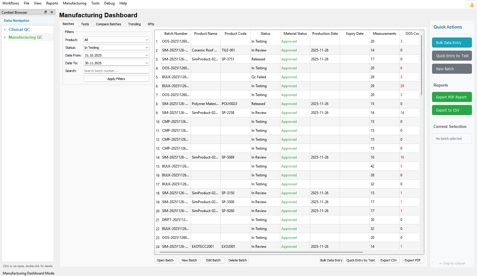 QC Cards Suite manufacturing dashboard showing batch table with status, material status and out-of-specification counts